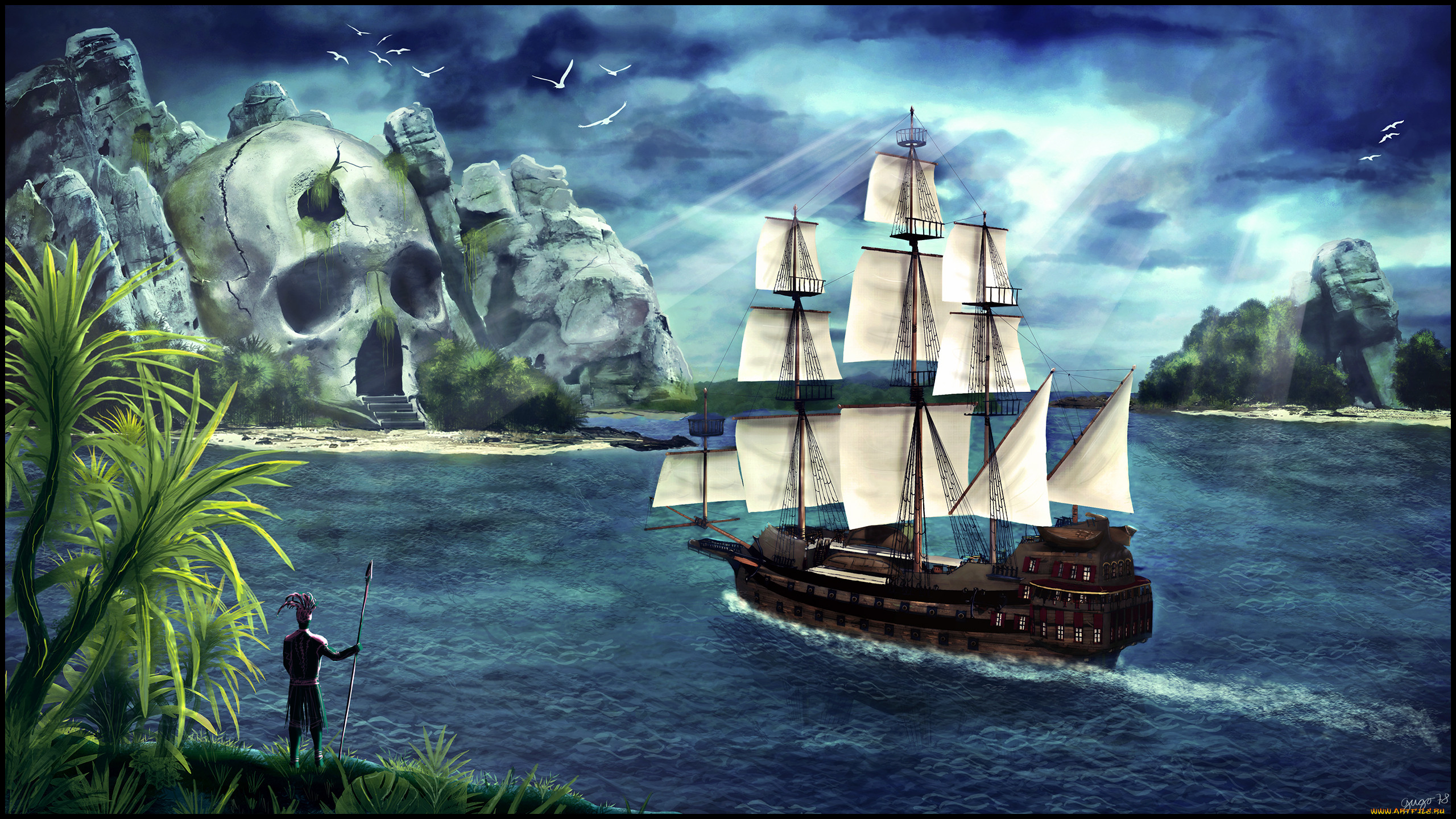 Приключенческая тематика. Пиратские острова (Pirate Islands, Австралия, 2003). Пираты Карибского моря бухта. Пиратский корабль. Корабль фэнтези.